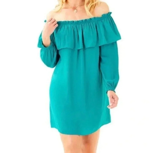 Lilly Pulitzer Dee Dee Off-Shoulder Dress Teal Malachite Size XXS Women's - Picture 1 of 10